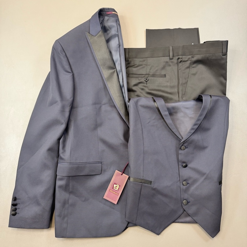 ZEGMAN 3-Piece Tuxedo Suit Blue Jacket Black Pants Slim 44R 39x36 Unhemmed NWT